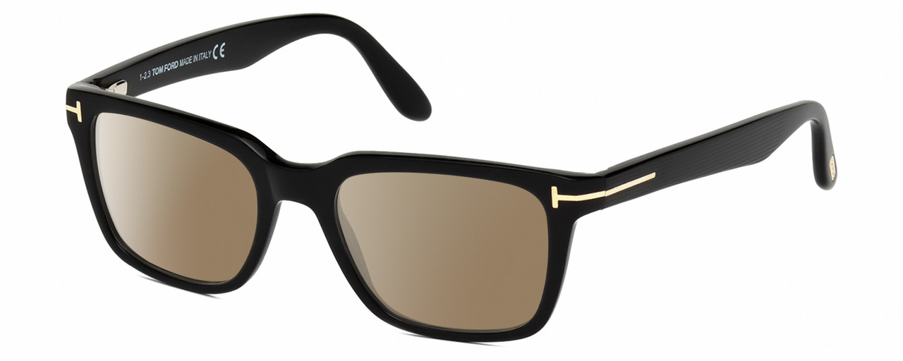 Profile View of Tom Ford CALIBER FT5304-001 Designer Polarized Sunglasses with Custom Cut Amber Brown Lenses in Gloss Black Gold Unisex Square Full Rim Acetate 54 mm