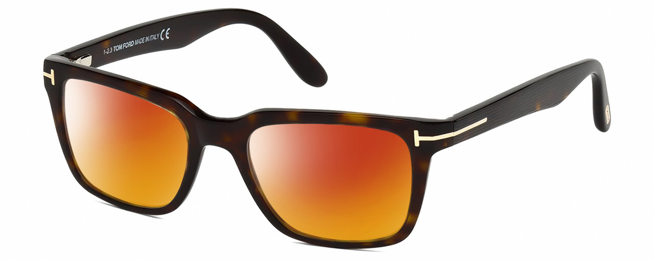Profile View of Tom Ford CALIBER FT5304-052 Designer Polarized Sunglasses with Custom Cut Red Mirror Lenses in Brown Tortoise Havana Gold Unisex Square Full Rim Acetate 54 mm