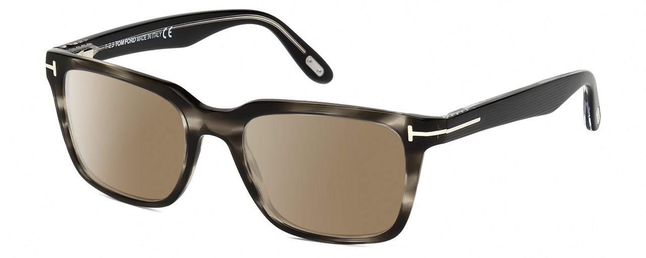 Profile View of Tom Ford CALIBER FT5304-093 Designer Polarized Sunglasses with Custom Cut Amber Brown Lenses in Black Grey Clear Crystal Striped Unisex Square Full Rim Acetate 54 mm