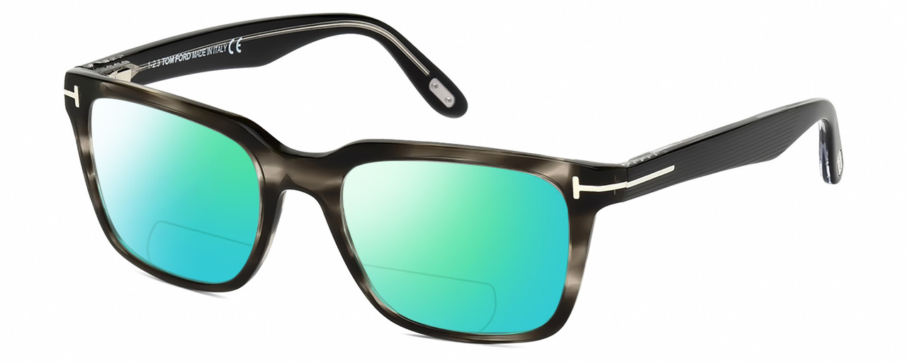Profile View of Tom Ford CALIBER FT5304-093 Designer Polarized Reading Sunglasses with Custom Cut Powered Green Mirror Lenses in Black Grey Clear Crystal Striped Unisex Square Full Rim Acetate 54 mm
