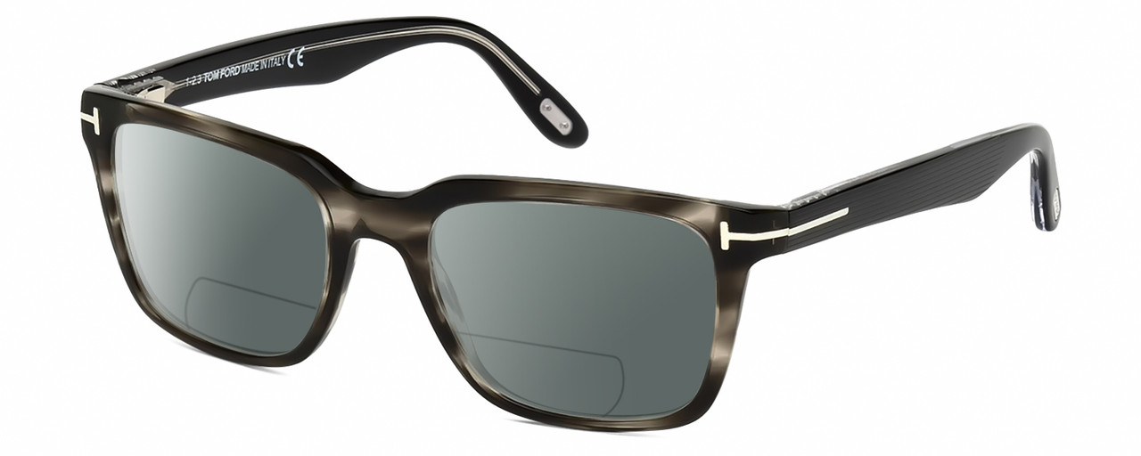 Profile View of Tom Ford CALIBER FT5304-093 Designer Polarized Reading Sunglasses with Custom Cut Powered Smoke Grey Lenses in Black Grey Clear Crystal Striped Unisex Square Full Rim Acetate 54 mm