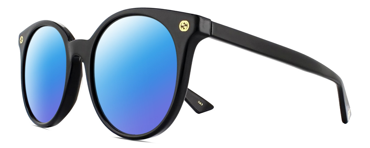 Profile View of Gucci GG0091S Designer Polarized Sunglasses with Custom Cut Blue Mirror Lenses in Gloss Black Gold Ladies Round Full Rim Acetate 52 mm