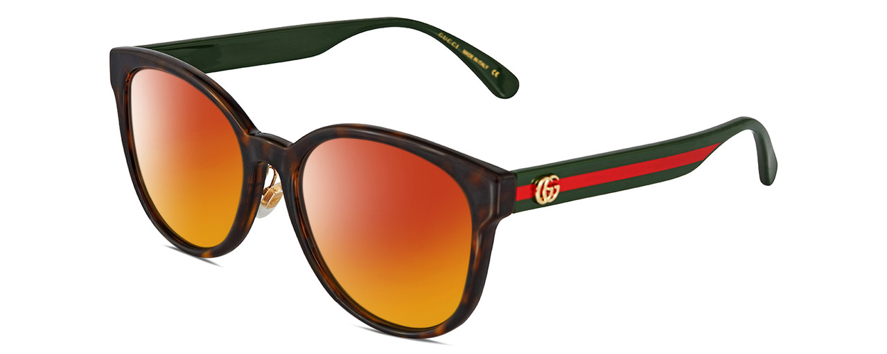 Profile View of Gucci GG0854SK Designer Polarized Sunglasses with Custom Cut Red Mirror Lenses in Shiny Dark Havana Tortoise Green Red Gold Ladies Panthos Full Rim Acetate 56 mm