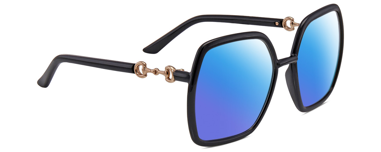 Profile View of Gucci GG0890S Designer Polarized Sunglasses with Custom Cut Blue Mirror Lenses in Shiny Black Gold Ladies Hexagonal Full Rim Acetate 55 mm