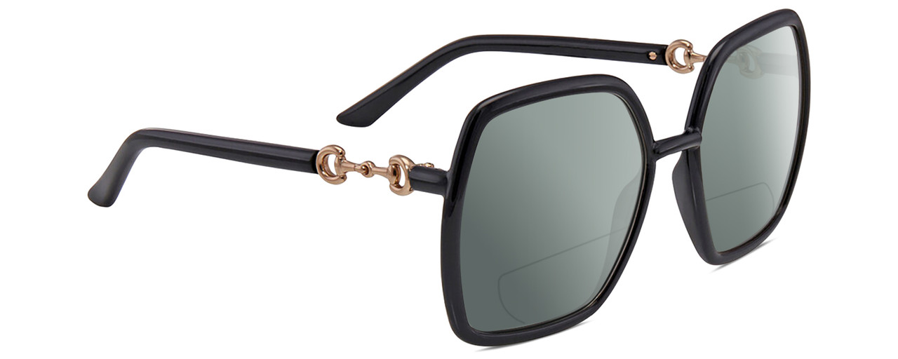 Profile View of Gucci GG0890S Designer Polarized Reading Sunglasses with Custom Cut Powered Smoke Grey Lenses in Shiny Black Gold Ladies Hexagonal Full Rim Acetate 55 mm