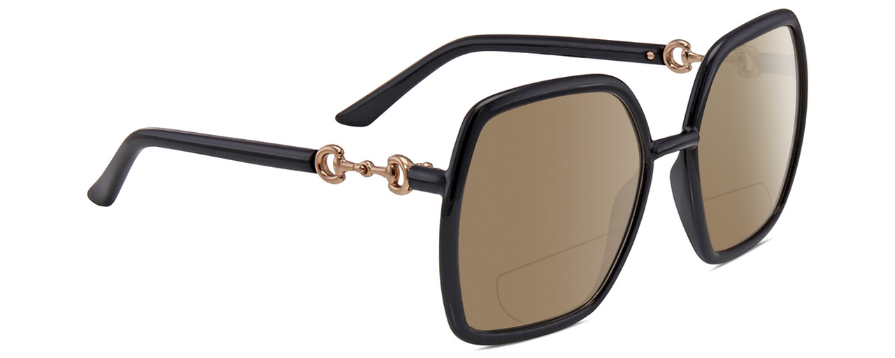 Profile View of Gucci GG0890S Designer Polarized Reading Sunglasses with Custom Cut Powered Amber Brown Lenses in Shiny Black Gold Ladies Hexagonal Full Rim Acetate 55 mm