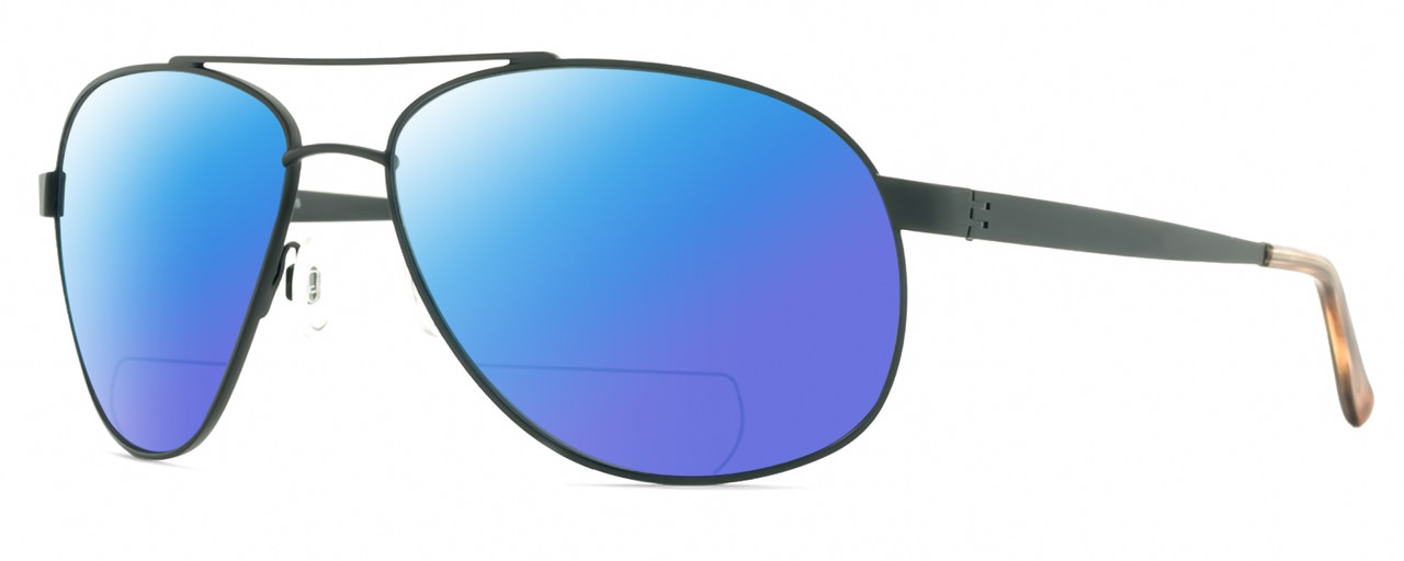 Profile View of Reptile Gladiator Designer Polarized Reading Sunglasses with Custom Cut Powered Blue Mirror Lenses in Matte Gun Metal Black Unisex Pilot Full Rim Metal 62 mm