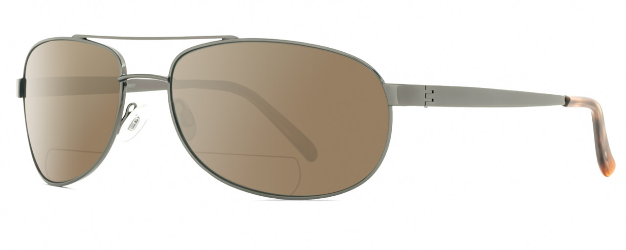 Profile View of Reptile Highlands Designer Polarized Reading Sunglasses with Custom Cut Powered Amber Brown Lenses in Dark Gun Metal Silver Unisex Pilot Full Rim Metal 61 mm