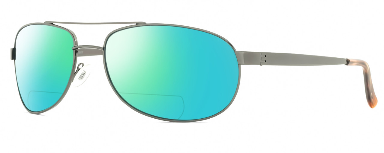 Profile View of Reptile Highlands Designer Polarized Reading Sunglasses with Custom Cut Powered Green Mirror Lenses in Dark Gun Metal Silver Unisex Pilot Full Rim Metal 61 mm