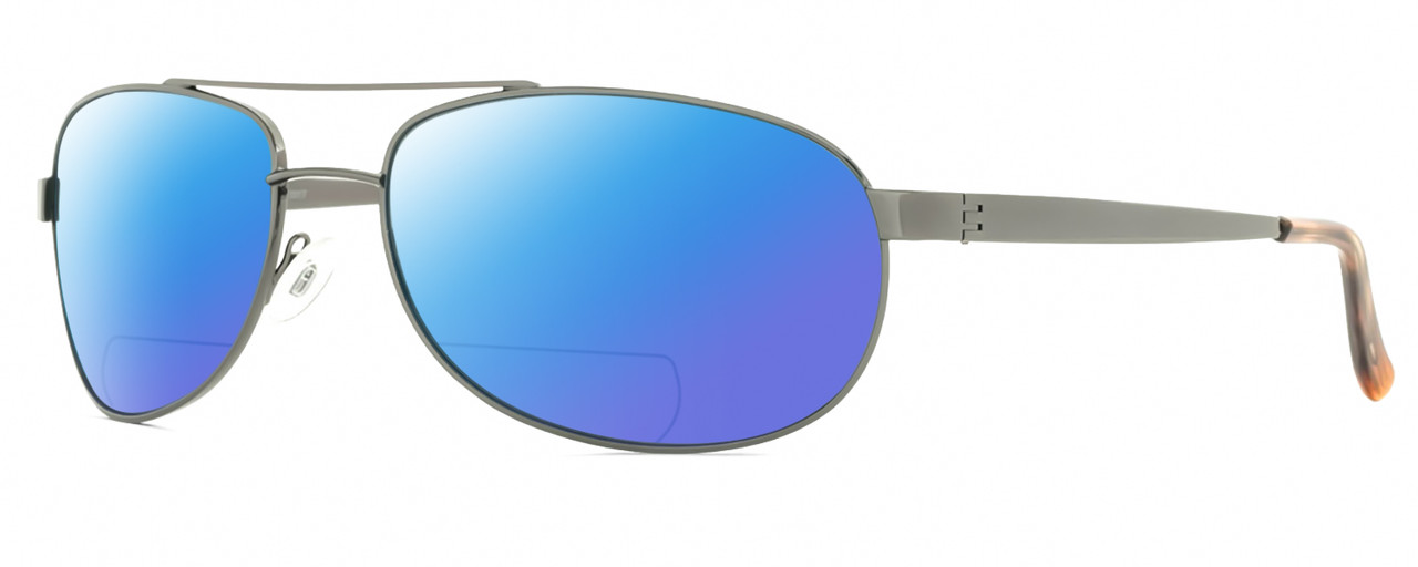 Profile View of Reptile Highlands Designer Polarized Reading Sunglasses with Custom Cut Powered Blue Mirror Lenses in Dark Gun Metal Silver Unisex Pilot Full Rim Metal 61 mm