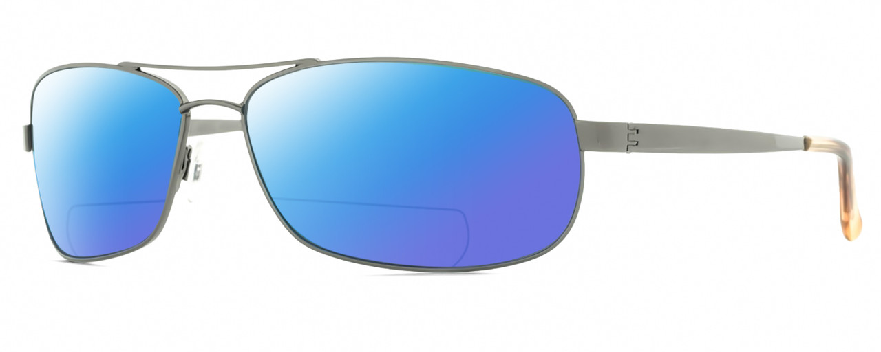 Profile View of Reptile Pecos Designer Polarized Reading Sunglasses with Custom Cut Powered Blue Mirror Lenses in Dark Gun Metal Silver Mens Pilot Full Rim Metal 67 mm