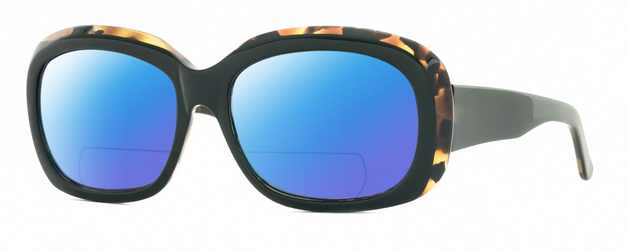 Profile View of Reptile Woma Designer Polarized Reading Sunglasses with Custom Cut Powered Blue Mirror Lenses in Black Tortoise Havana Ladies Oval Full Rim Acetate 55 mm