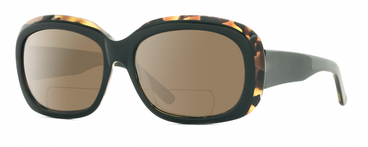 Profile View of Reptile Woma Designer Polarized Reading Sunglasses with Custom Cut Powered Amber Brown Lenses in Black Tortoise Havana Ladies Oval Full Rim Acetate 55 mm