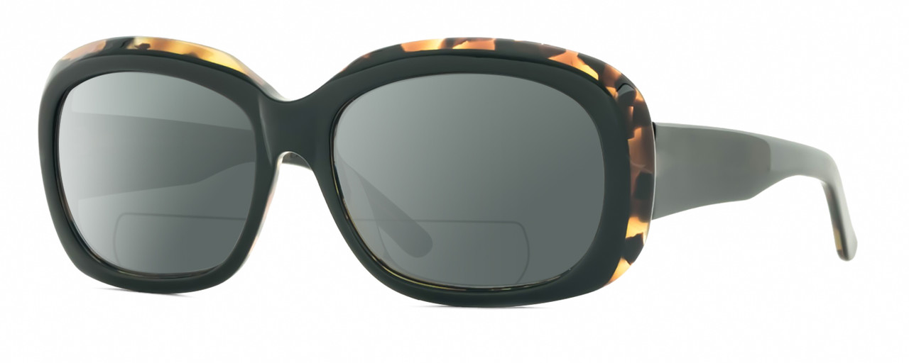 Profile View of Reptile Woma Designer Polarized Reading Sunglasses with Custom Cut Powered Smoke Grey Lenses in Black Tortoise Havana Ladies Oval Full Rim Acetate 55 mm