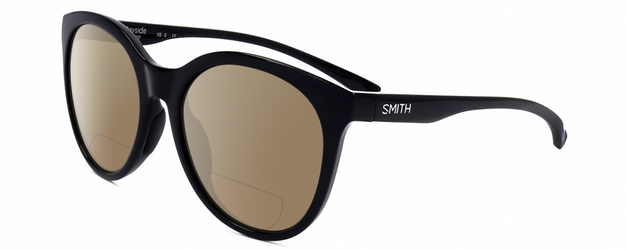 Profile View of Smith Optics Bayside-807 Designer Polarized Reading Sunglasses with Custom Cut Powered Amber Brown Lenses in Gloss Black Ladies Round Full Rim Acetate 54 mm