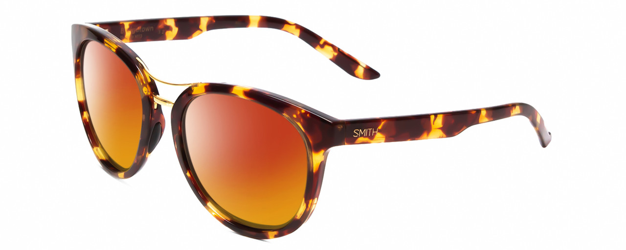 Profile View of Smith Optics Bridgetown-MY3 Designer Polarized Sunglasses with Custom Cut Red Mirror Lenses in Tortoise Havana Crystal Brown Gold Ladies Round Full Rim Acetate 54 mm