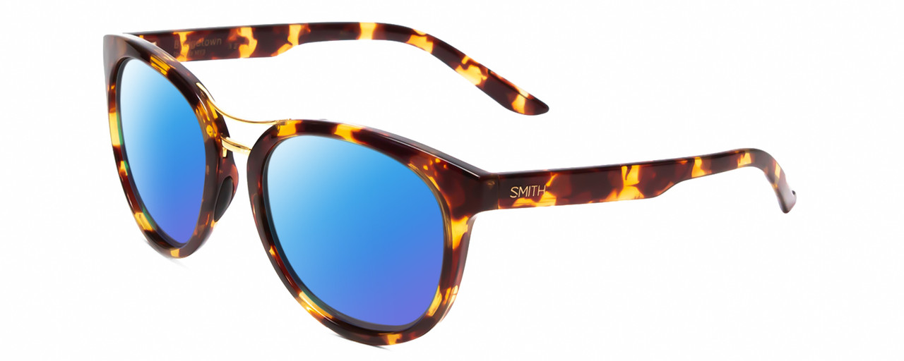 Profile View of Smith Optics Bridgetown-MY3 Designer Polarized Sunglasses with Custom Cut Blue Mirror Lenses in Tortoise Havana Crystal Brown Gold Ladies Round Full Rim Acetate 54 mm