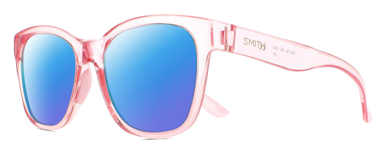 Profile View of Smith Optics Caper-35J Designer Polarized Sunglasses with Custom Cut Blue Mirror Lenses in Crystal Blush Pink Ladies Panthos Full Rim Acetate 53 mm