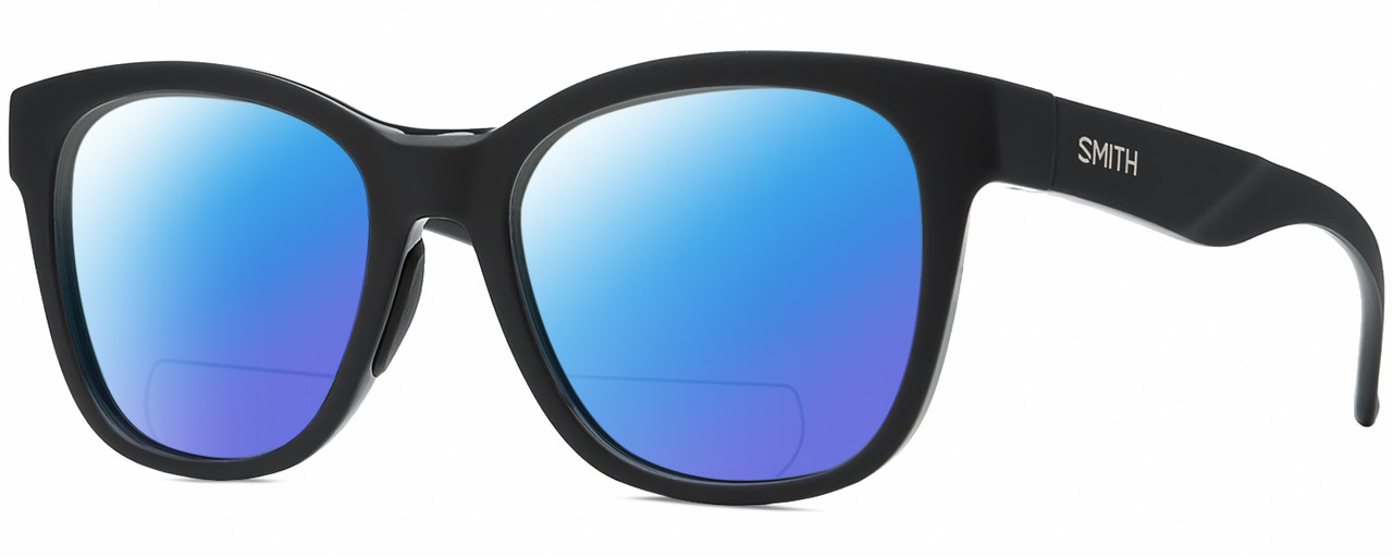 Profile View of Smith Optics Caper-807 Designer Polarized Reading Sunglasses with Custom Cut Powered Blue Mirror Lenses in Gloss Black Unisex Panthos Full Rim Acetate 53 mm