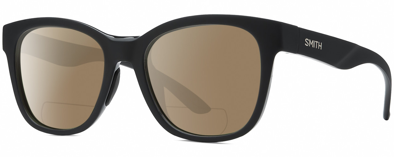 Profile View of Smith Optics Caper-807 Designer Polarized Reading Sunglasses with Custom Cut Powered Amber Brown Lenses in Gloss Black Unisex Panthos Full Rim Acetate 53 mm