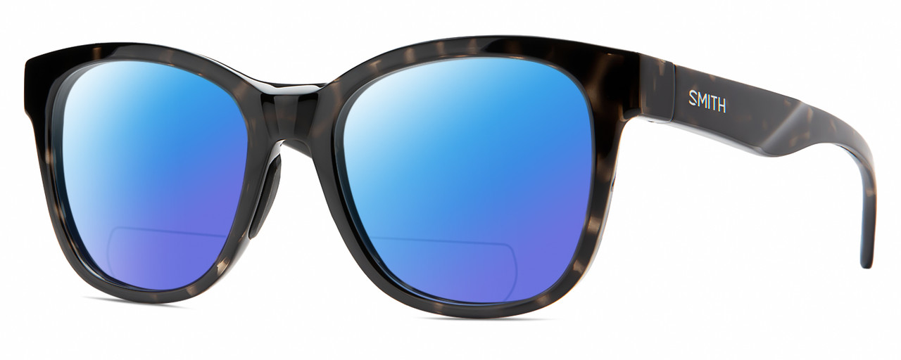 Profile View of Smith Optics Caper-WR7 Designer Polarized Reading Sunglasses with Custom Cut Powered Blue Mirror Lenses in Gloss Black Beige Tortoise Havana Unisex Panthos Full Rim Acetate 53 mm