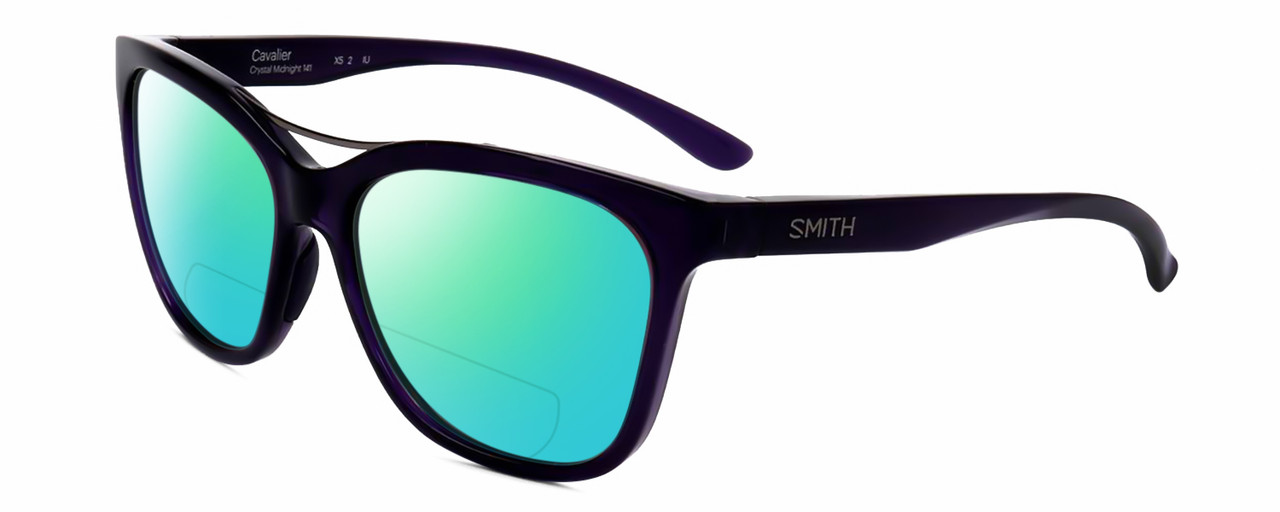 Profile View of Smith Optics Cavalier-141 Designer Polarized Reading Sunglasses with Custom Cut Powered Green Mirror Lenses in Indigo Purple Crystal Silver Ladies Cat Eye Full Rim Acetate 55 mm