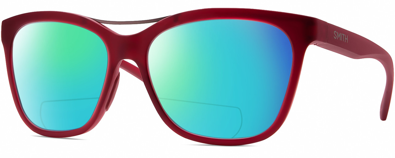Profile View of Smith Optics Cavalier-LPA Designer Polarized Reading Sunglasses with Custom Cut Powered Green Mirror Lenses in Matte Maroon Red Gunmetal Ladies Cat Eye Full Rim Acetate 55 mm
