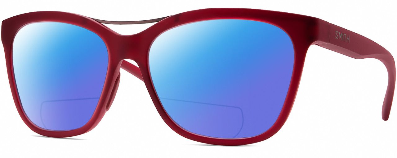 Profile View of Smith Optics Cavalier-LPA Designer Polarized Reading Sunglasses with Custom Cut Powered Blue Mirror Lenses in Matte Maroon Red Gunmetal Ladies Cat Eye Full Rim Acetate 55 mm