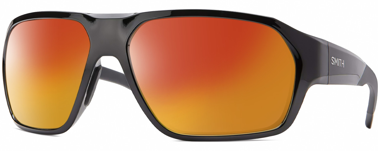 Profile View of Smith Optics Deckboss-807 Designer Polarized Sunglasses with Custom Cut Red Mirror Lenses in Gloss Black Grey Unisex Rectangular Full Rim Acetate 63 mm