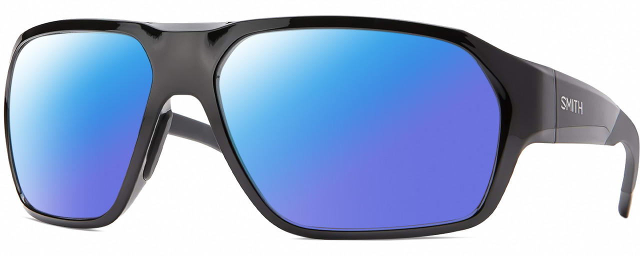 Profile View of Smith Optics Deckboss-807 Designer Polarized Sunglasses with Custom Cut Blue Mirror Lenses in Gloss Black Grey Unisex Rectangular Full Rim Acetate 63 mm