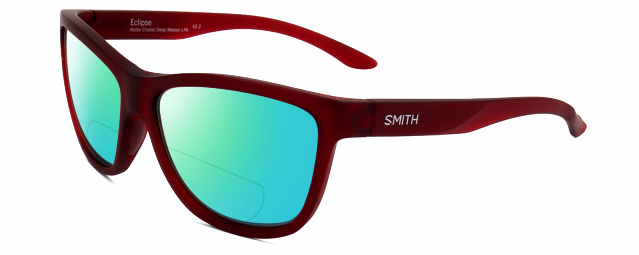 Profile View of Smith Optics Eclipse-LPA Designer Polarized Reading Sunglasses with Custom Cut Powered Green Mirror Lenses in Matte Crystal Maroon Red Unisex Cat Eye Full Rim Acetate 58 mm