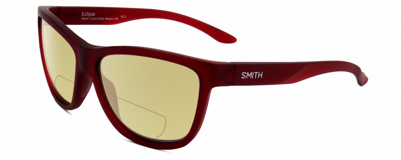 Profile View of Smith Optics Eclipse-LPA Designer Polarized Reading Sunglasses with Custom Cut Powered Sun Flower Yellow Lenses in Matte Crystal Maroon Red Unisex Cat Eye Full Rim Acetate 58 mm