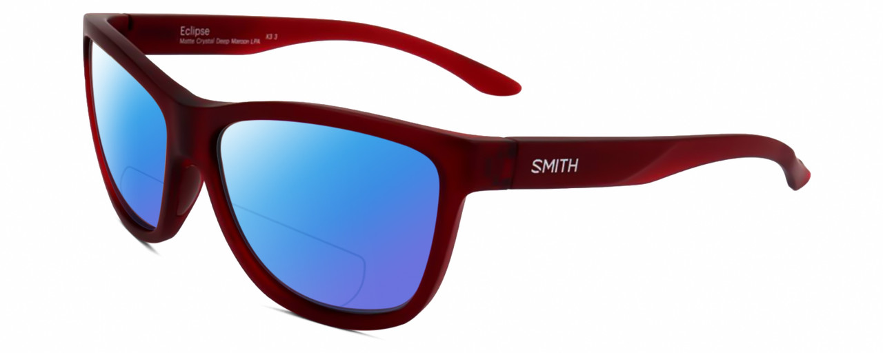 Profile View of Smith Optics Eclipse-LPA Designer Polarized Reading Sunglasses with Custom Cut Powered Blue Mirror Lenses in Matte Crystal Maroon Red Unisex Cat Eye Full Rim Acetate 58 mm