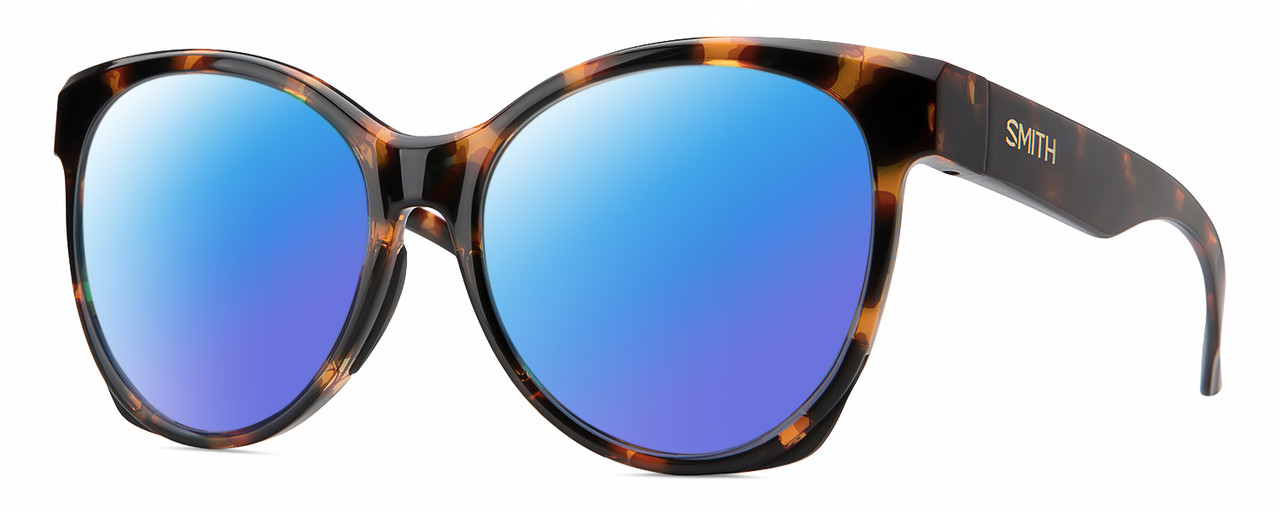 Profile View of Smith Optics Fairground-086 Designer Polarized Sunglasses with Custom Cut Blue Mirror Lenses in Dark Tortoise Havana Brown Amber Ladies Round Full Rim Acetate 55 mm