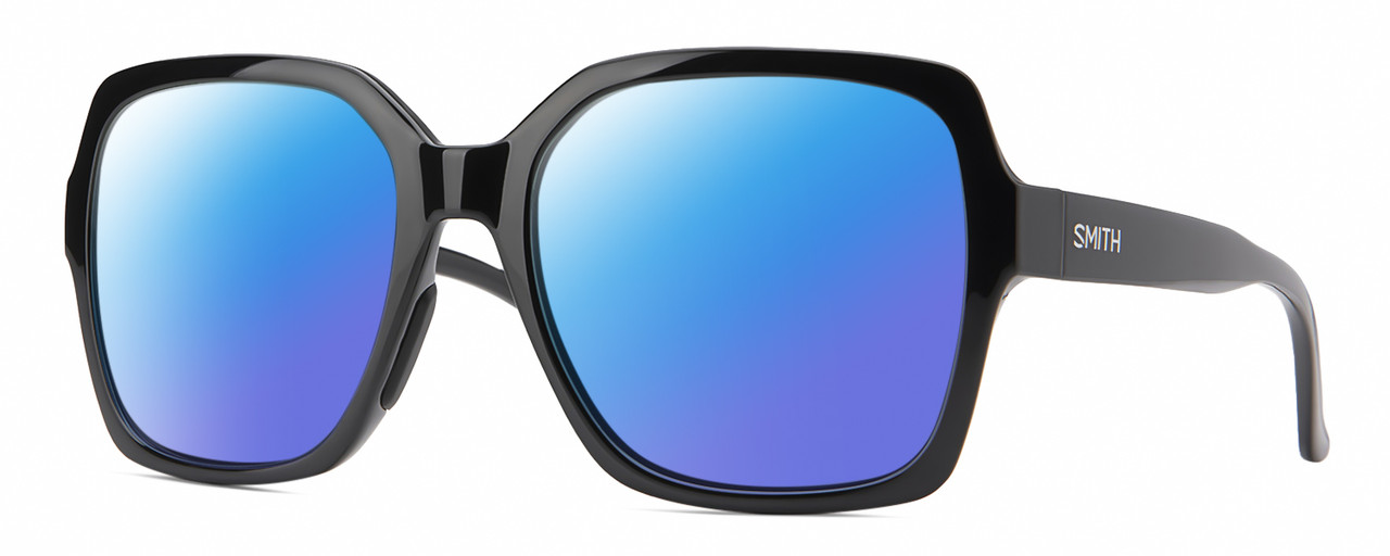 Profile View of Smith Optics Flare-807 Designer Polarized Sunglasses with Custom Cut Blue Mirror Lenses in Gloss Black Ladies Square Full Rim Acetate 57 mm