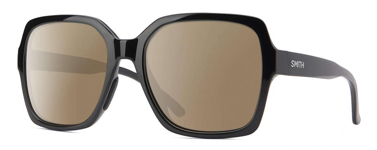 Profile View of Smith Optics Flare-807 Designer Polarized Sunglasses with Custom Cut Amber Brown Lenses in Gloss Black Ladies Square Full Rim Acetate 57 mm