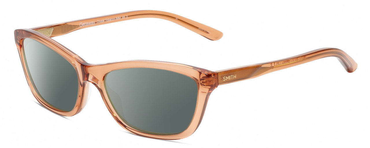 Profile View of Smith Optics Getaway-IMM Designer Polarized Sunglasses with Custom Cut Smoke Grey Lenses in Crystal Tobacco Brown Ladies Cat Eye Full Rim Acetate 56 mm