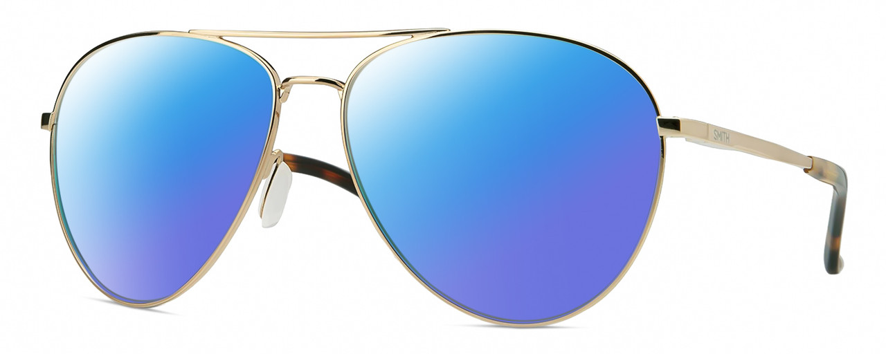 Profile View of Smith Optics Layback-J5G Designer Polarized Sunglasses with Custom Cut Blue Mirror Lenses in Shiny Gold Brown Tortoise Havana Unisex Pilot Full Rim Metal 60 mm