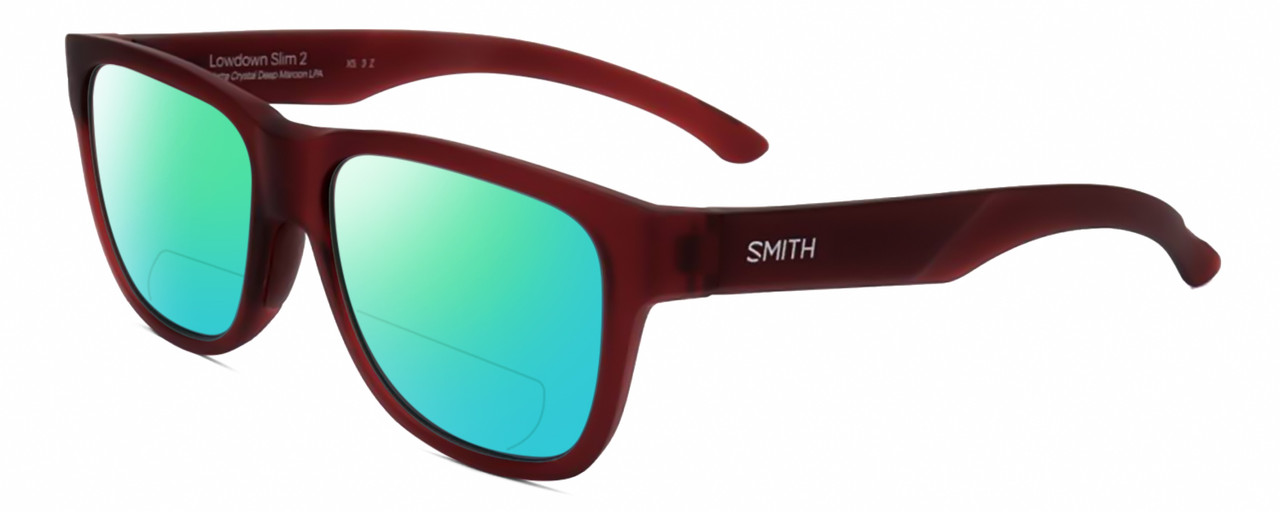 Profile View of Smith Optics Lowdown Slim 2-LPA Designer Polarized Reading Sunglasses with Custom Cut Powered Green Mirror Lenses in Matte Crystal Maroon Red Unisex Panthos Full Rim Acetate 51 mm