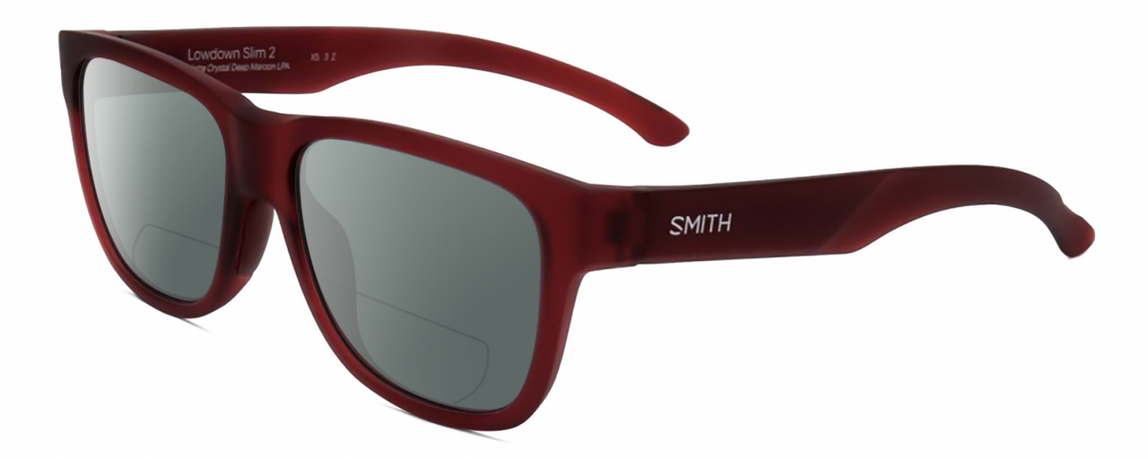 Profile View of Smith Optics Lowdown Slim 2-LPA Designer Polarized Reading Sunglasses with Custom Cut Powered Smoke Grey Lenses in Matte Crystal Maroon Red Unisex Panthos Full Rim Acetate 51 mm