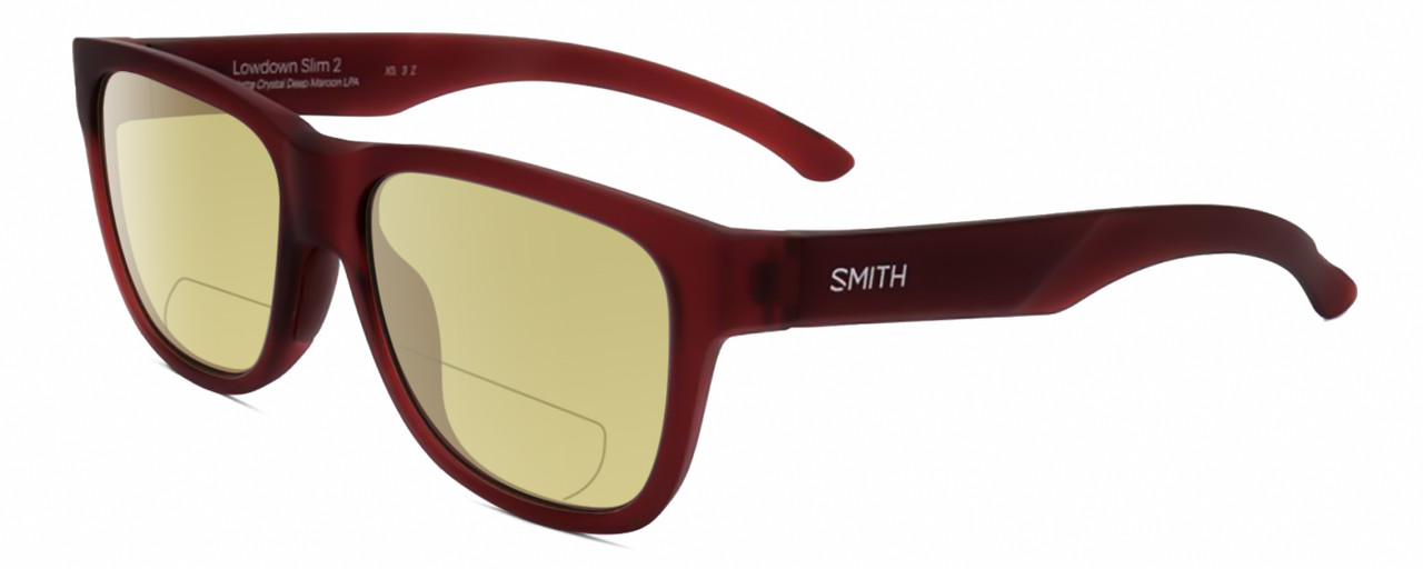 Profile View of Smith Optics Lowdown Slim 2-LPA Designer Polarized Reading Sunglasses with Custom Cut Powered Sun Flower Yellow Lenses in Matte Crystal Maroon Red Unisex Panthos Full Rim Acetate 51 mm