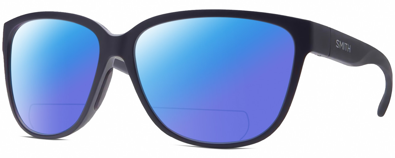 Profile View of Smith Optics Monterey-1JZ Designer Polarized Reading Sunglasses with Custom Cut Powered Blue Mirror Lenses in Matte Midnight Navy Blue Unisex Panthos Full Rim Acetate 58 mm