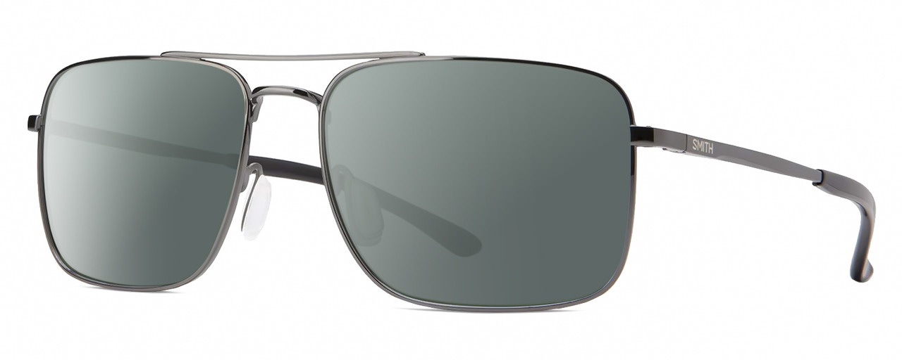 Profile View of Smith Optics Outcome-KJ1 Designer Polarized Sunglasses with Custom Cut Smoke Grey Lenses in Shiny Gunmetal Black Mens Pilot Full Rim Metal 59 mm