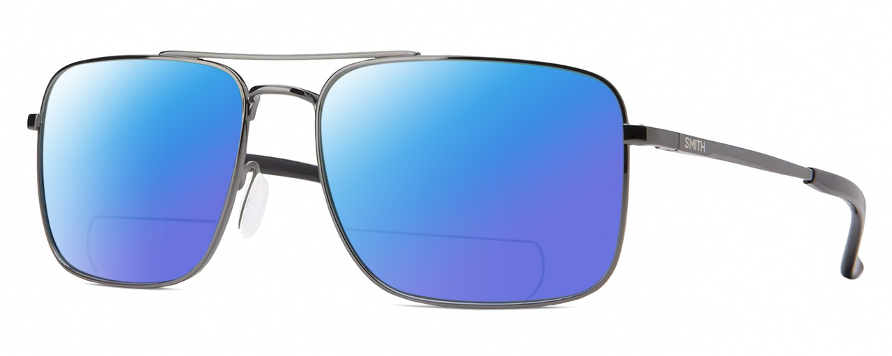 Profile View of Smith Optics Outcome-KJ1 Designer Polarized Reading Sunglasses with Custom Cut Powered Blue Mirror Lenses in Shiny Gunmetal Black Mens Pilot Full Rim Metal 59 mm