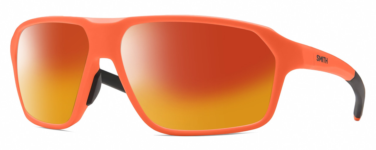 Profile View of Smith Optics Pathway-69I Designer Polarized Sunglasses with Custom Cut Red Mirror Lenses in Matte Neon Cinder Orange Mens Rectangular Full Rim Acetate 62 mm