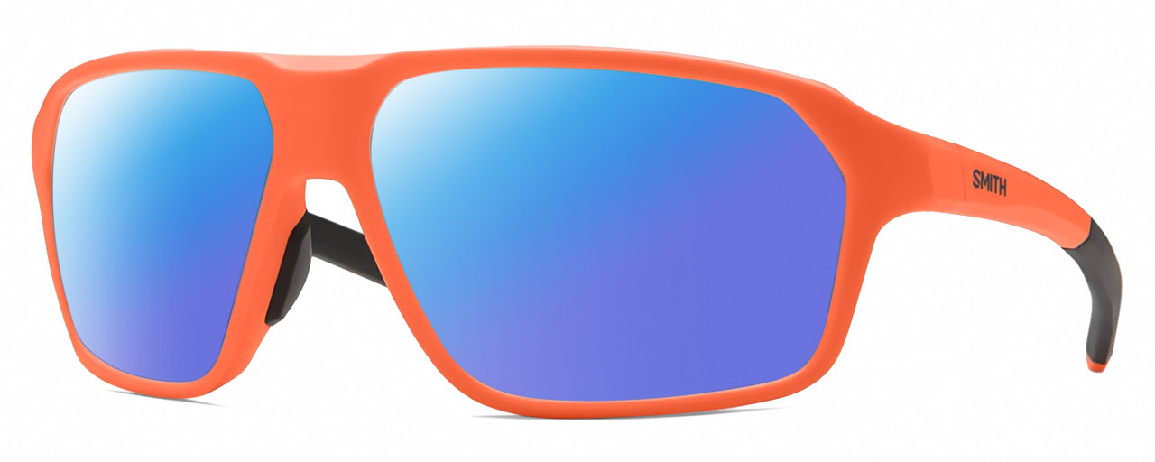 Profile View of Smith Optics Pathway-69I Designer Polarized Sunglasses with Custom Cut Blue Mirror Lenses in Matte Neon Cinder Orange Mens Rectangular Full Rim Acetate 62 mm