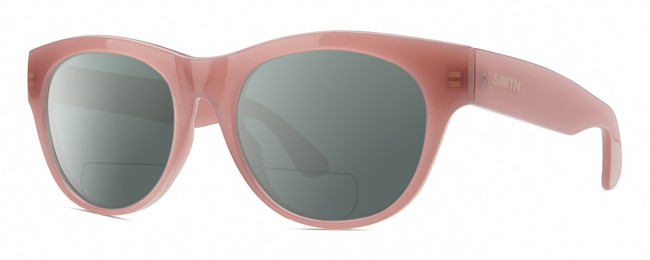Profile View of Smith Optics Sophisticate-F45 Designer Polarized Reading Sunglasses with Custom Cut Powered Smoke Grey Lenses in Mauve Purple Crystal Ladies Round Full Rim Acetate 54 mm