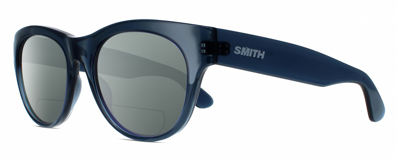 Profile View of Smith Optics Sophisticate-OXZ/TE Designer Polarized Reading Sunglasses with Custom Cut Powered Smoke Grey Lenses in Crystal Denim Blue Ladies Round Full Rim Acetate 54 mm