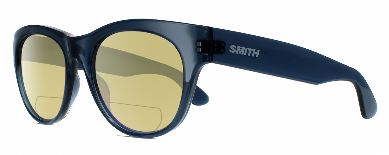 Profile View of Smith Optics Sophisticate-OXZ/TE Designer Polarized Reading Sunglasses with Custom Cut Powered Sun Flower Yellow Lenses in Crystal Denim Blue Ladies Round Full Rim Acetate 54 mm