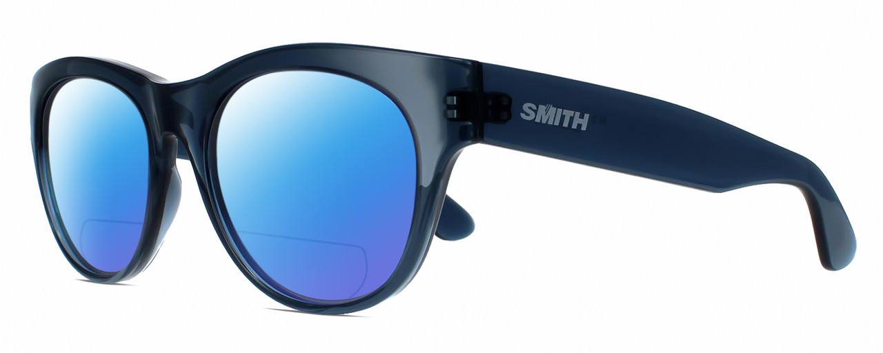 Profile View of Smith Optics Sophisticate-OXZ/TE Designer Polarized Reading Sunglasses with Custom Cut Powered Blue Mirror Lenses in Crystal Denim Blue Ladies Round Full Rim Acetate 54 mm